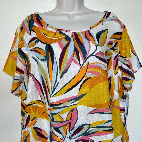 Tahari Linen Tropical Fruit Lemon Lime Top Short Sleeve Round Boat Neck Women 1X - Picture 3 of 10